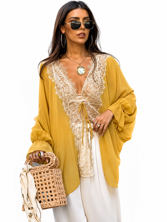 Blusa Isabella — Elegante con Encaje, Lazo y Corte Holgado