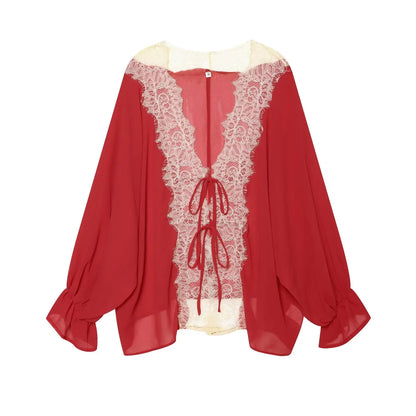 Blusa Isabella — Elegante con Encaje, Lazo y Corte Holgado